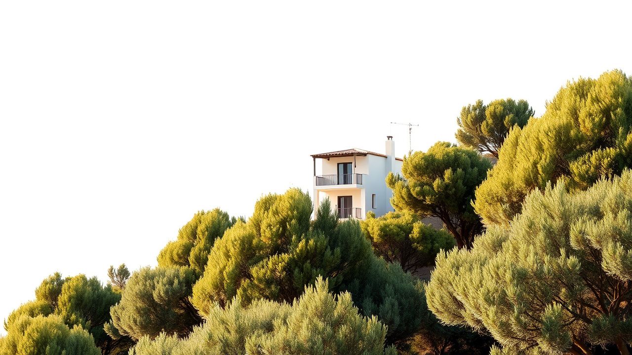 Een dronebeeld van Erietta Luxury Apartments omringd door olijfgaarden.