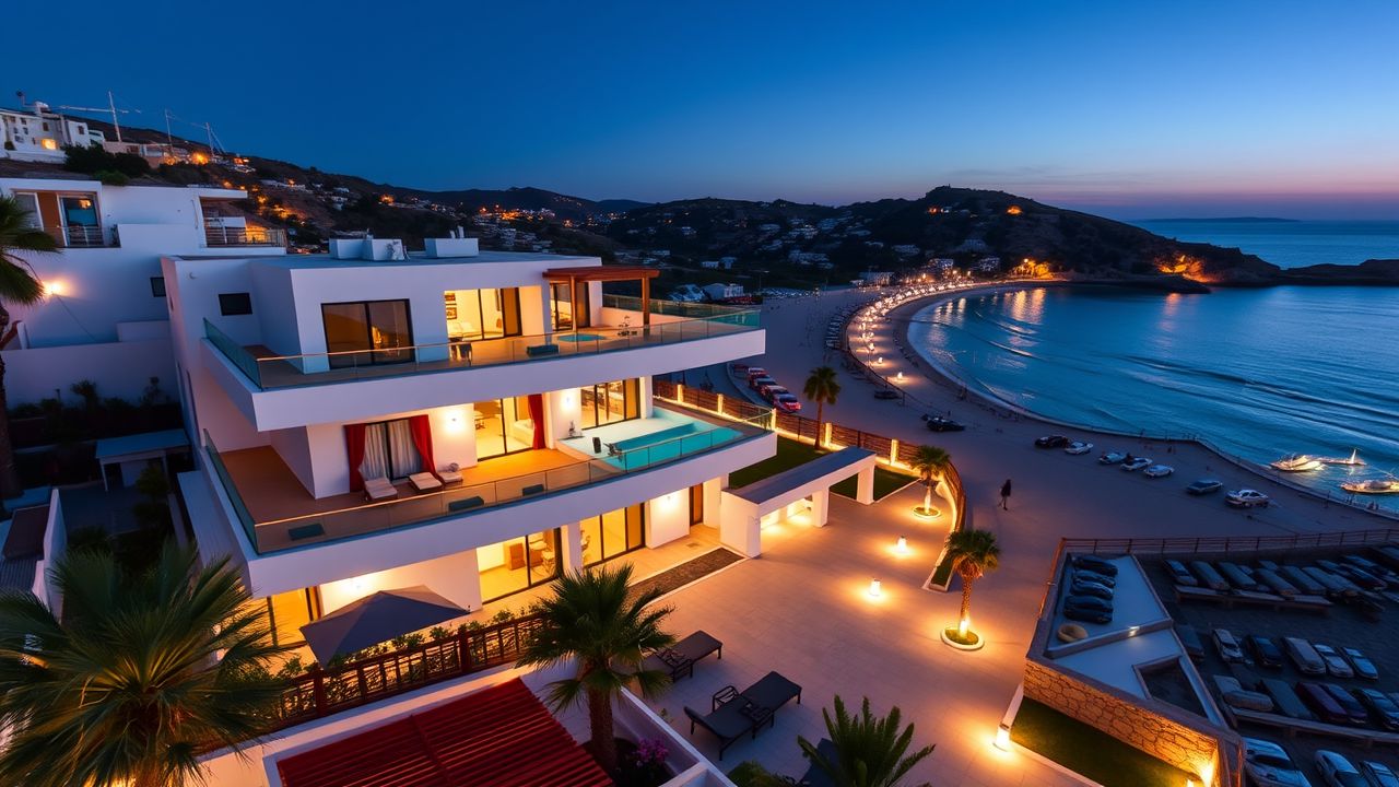 Een flat design weergave van het Planos Hotel in Zakynthos.