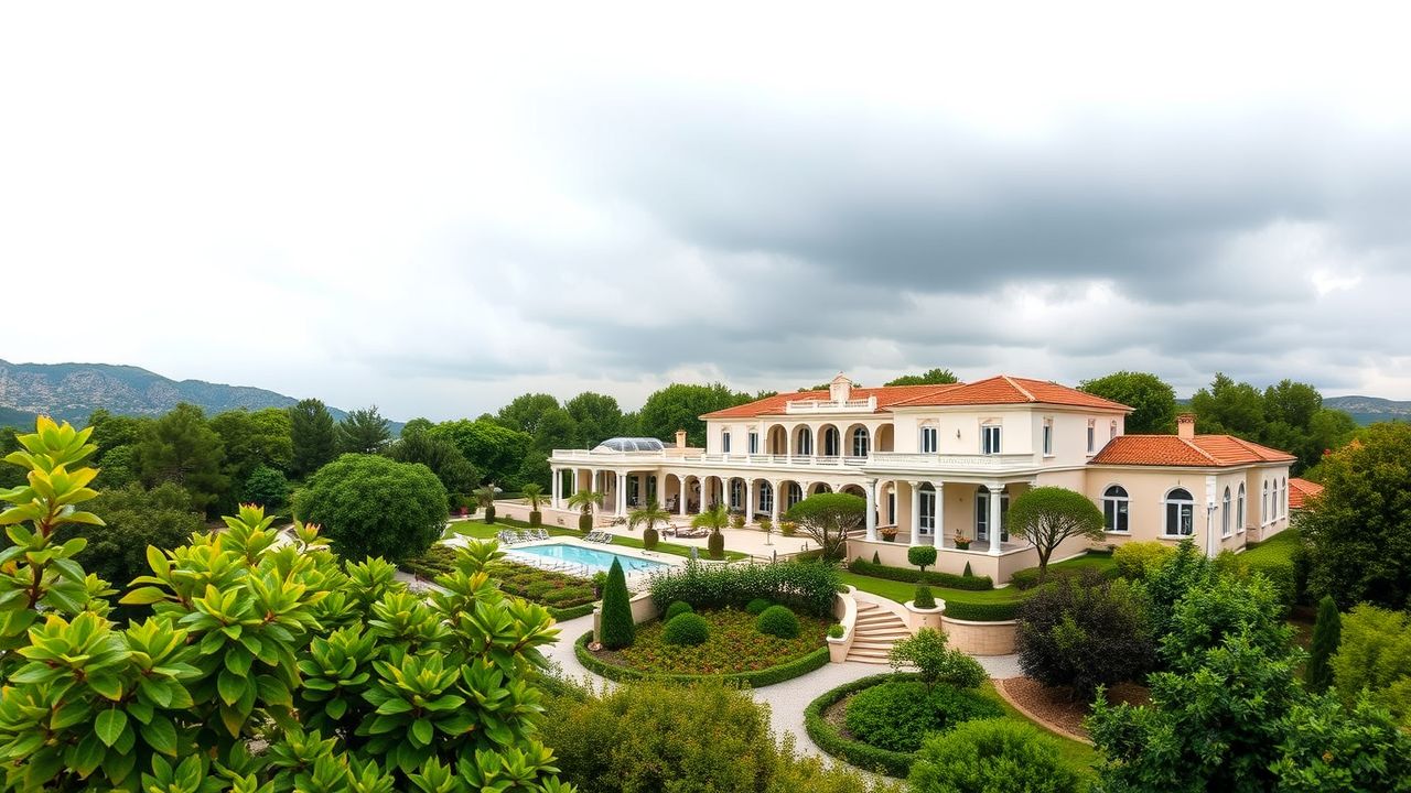 Een flat design luchtfoto van Selyria Resort in Zakynthos, omgeven door weelderige tuinen en elegante architectuur.