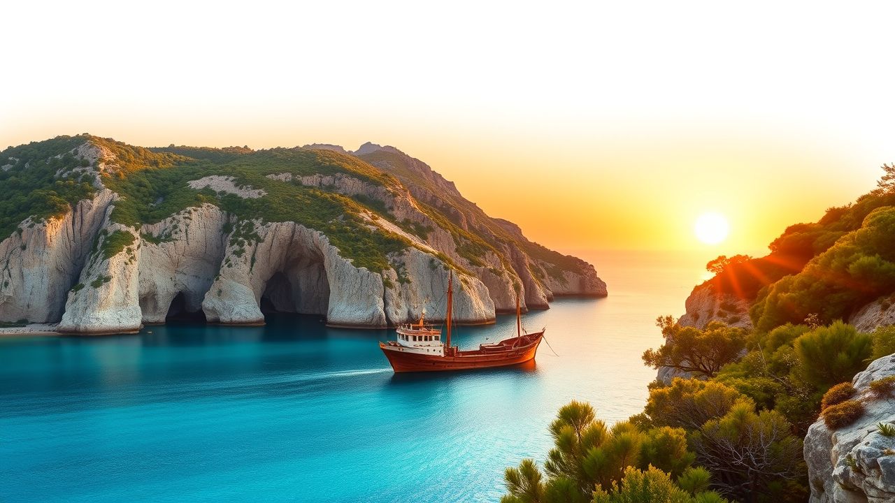 Een rustig strandlandschap met een verzonken schip tijdens zonsondergang.