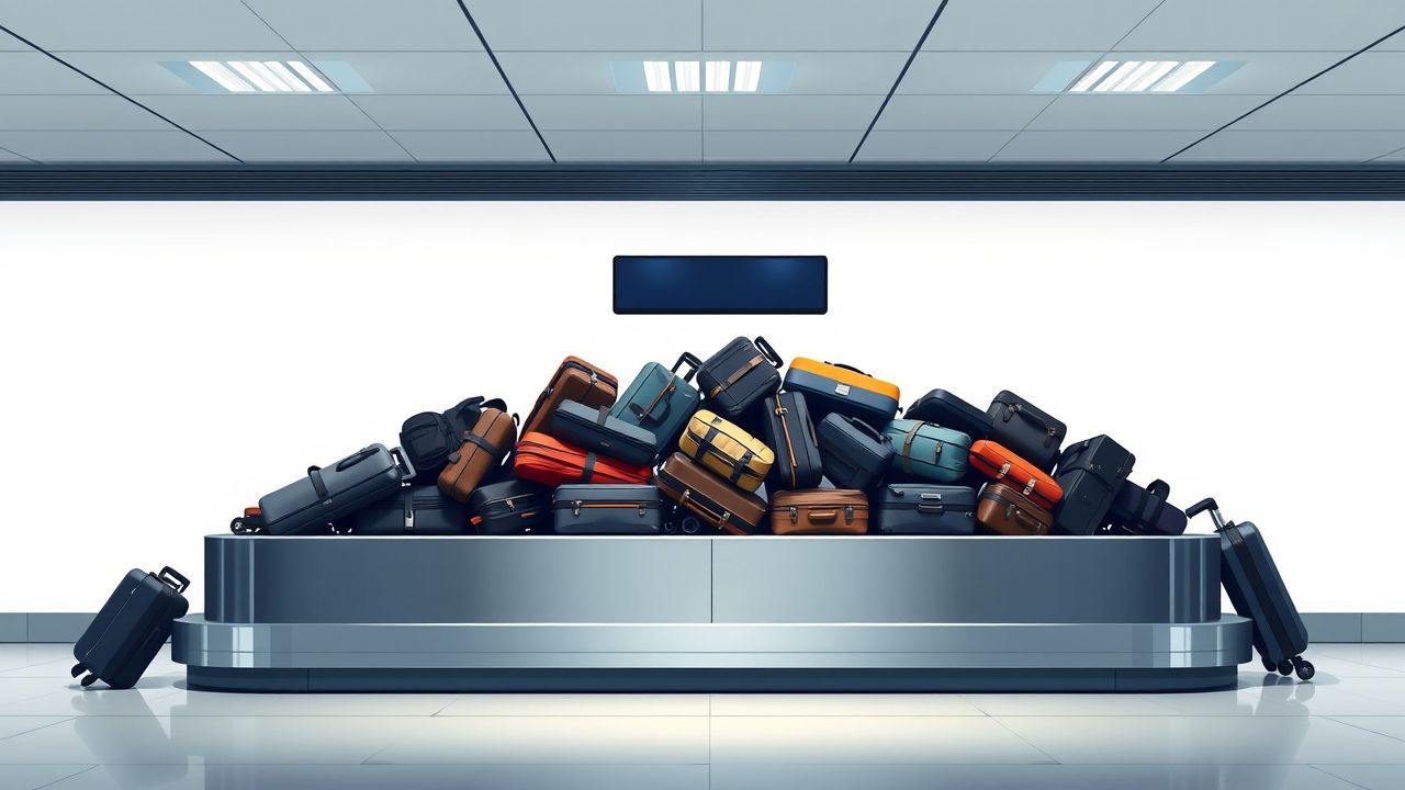 Een rommelige bagagecarrousel op de luchthaven van Zakynthos.