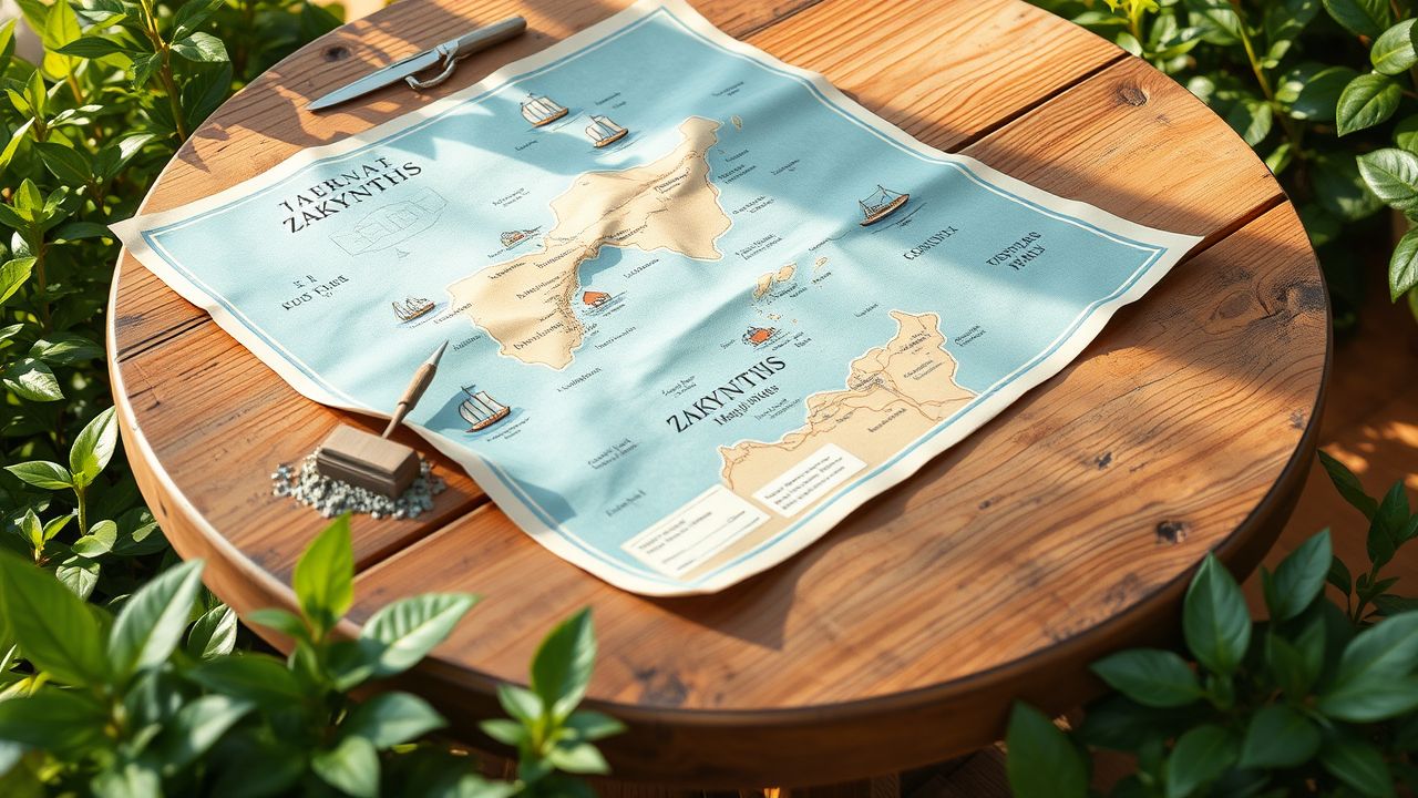 Een plattegrond van Zakynthos op een houten tafel met groen eromheen.