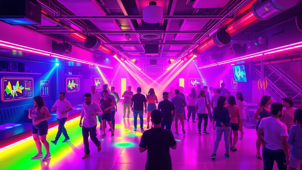 Een levendige clubscène in Zakynthos met neonverlichting en energieke sfeer.