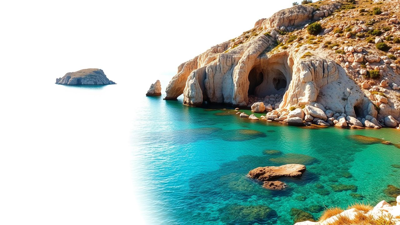 Een vlakke designafbeelding van de ruige kustlijn van Zakynthos met helder turquoise water.