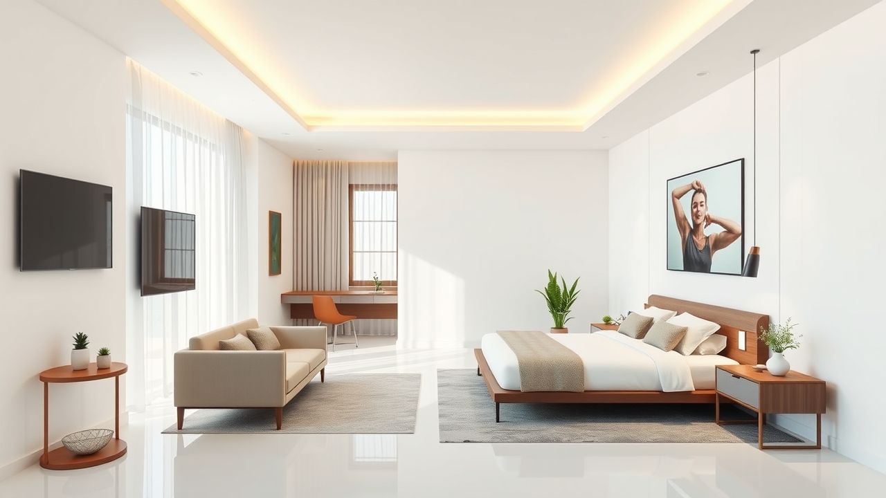 Een moderne en luxe hotelkamer met eigentijds meubilair en elegante decoratie.